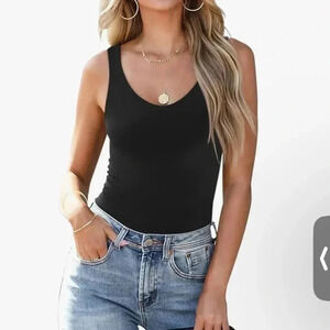 Reoria Women's Sexy Scoop Neck Tank Top Sleeveless Backless Bodysuit -Black‎